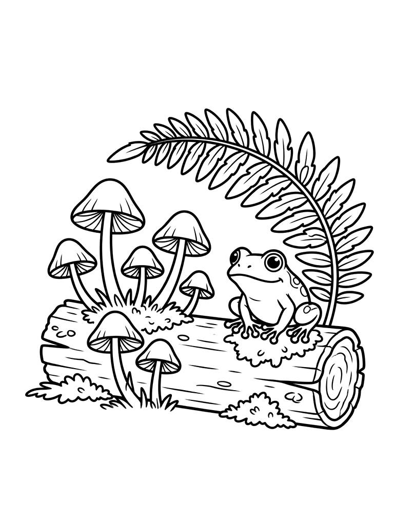 Cluster Of Small Amethyst Deceiver Mushrooms Growing Out Of A Mossy Fallen Log With A Tiny Tree Frog Sitting Underneath A Fern Leaf coloring page — free printable for kids and adults