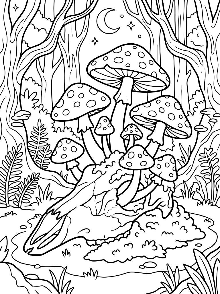 Cluster Of Vibrant Amanita Muscaria Mushrooms Sprouting From A Moss-Covered Animal Skull In A Moody Whimsigoth Forest Coloring Page