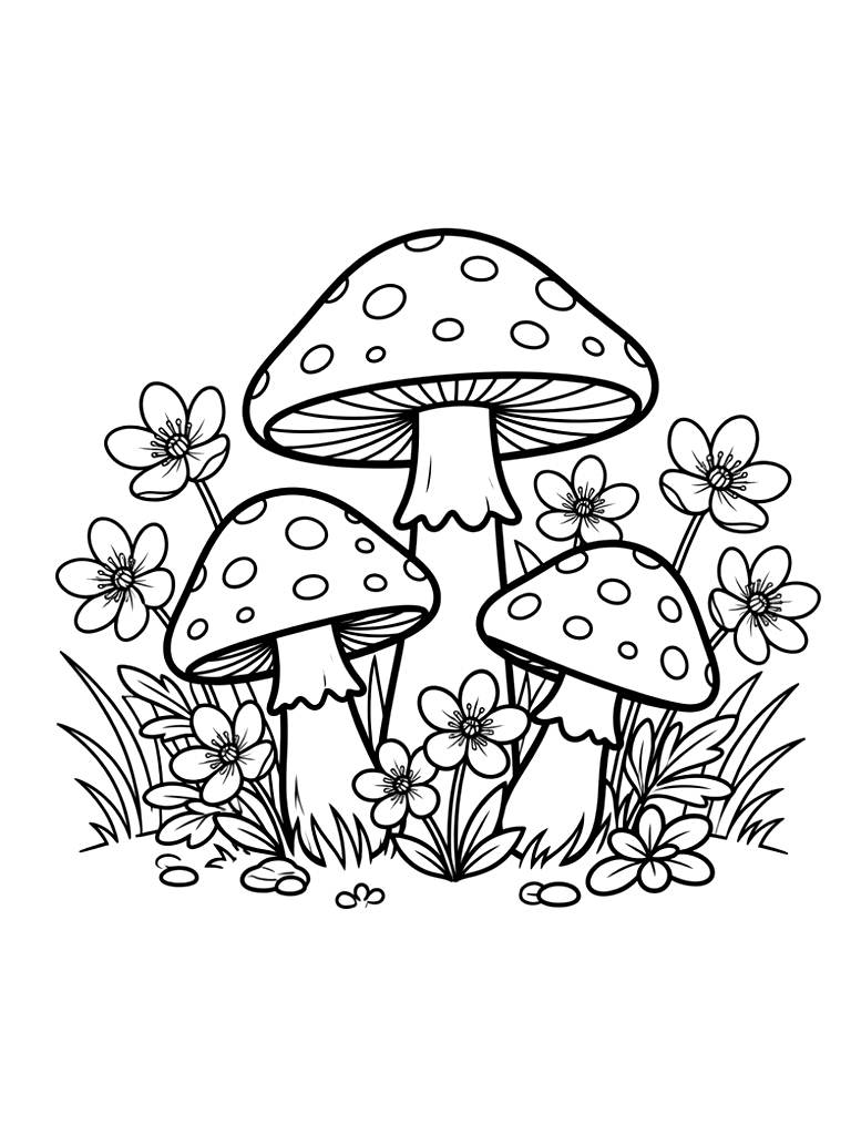 Cluster Of Vibrant Red Amanita Muscaria Mushrooms Growing Alongside Blooming Spring Wood Anemone Flowers In A Forest Clearing Coloring Page