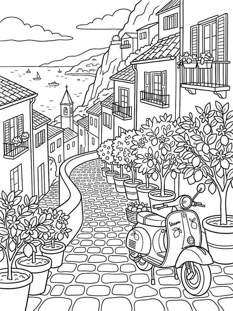 Cobblestone Street In A Cliffside Italian Village Lined With Terracotta Pots Of Blooming Lemon Trees And A Vintage Vespa Scooter Coloring Page