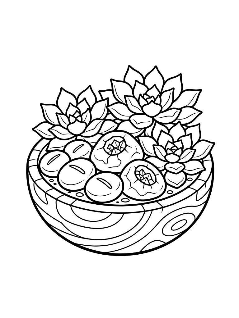 Collection Of Living Stone Lithops And Echeveria Succulents Arranged In A Carved Wooden Bowl With Desert Geodes Coloring Page