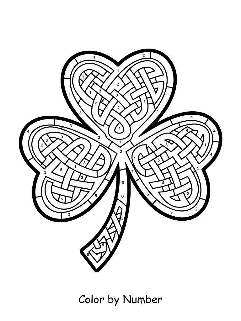 Color By Number Design Of A Large Four-leaf Clover Made Of Smaller Intricate Celtic Knot Patterns Coloring Page