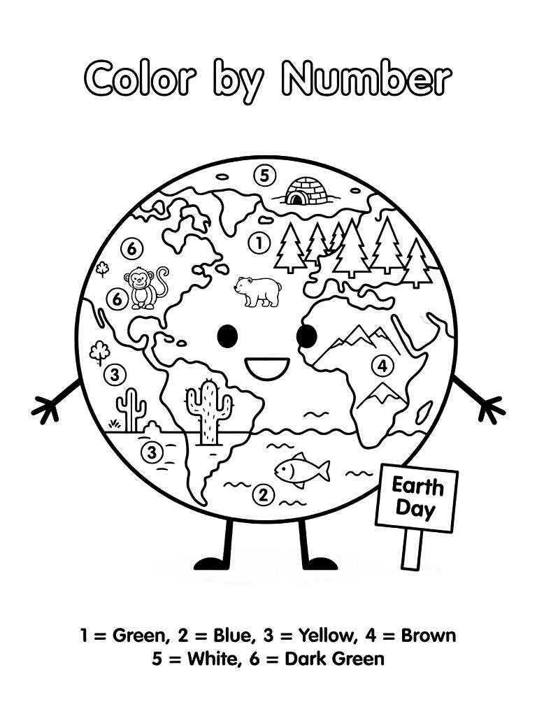 Color By Number Earth Day Globe With Different Ecosystems Numbered Like Forest And Ocean Coloring Page
