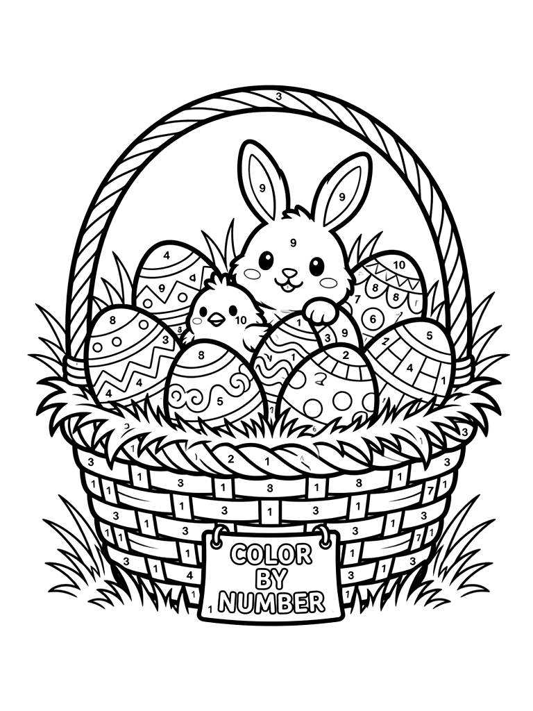 Color By Number Easter Basket With Decorated Eggs And Grass Coloring Page — free printable for kids and adults