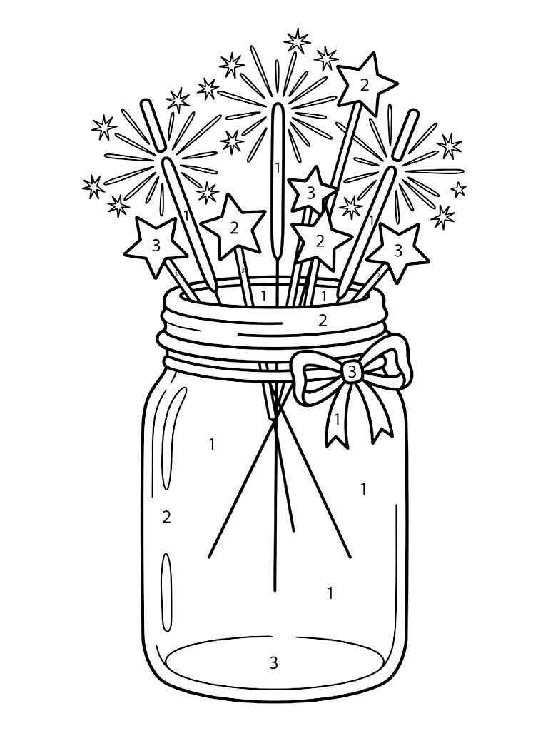Color By Number Festive Mason Jar Filled With Glowing Sparklers And Star Decorations For Independence Day Celebration coloring page — free printable for kids and adults