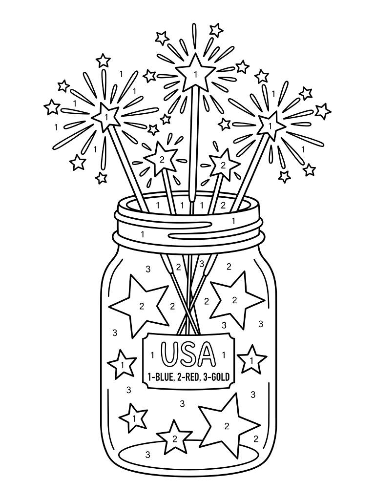 Color By Number Festive Mason Jar Filled With Glowing Sparklers And Star Decorations For Independence Day Celebration coloring page — free printable for kids and adults