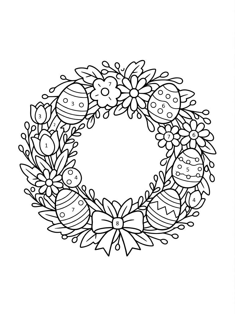 Color By Number Festive Spring Wreath Decorated With Eggs And Blooming Flowers Coloring Page