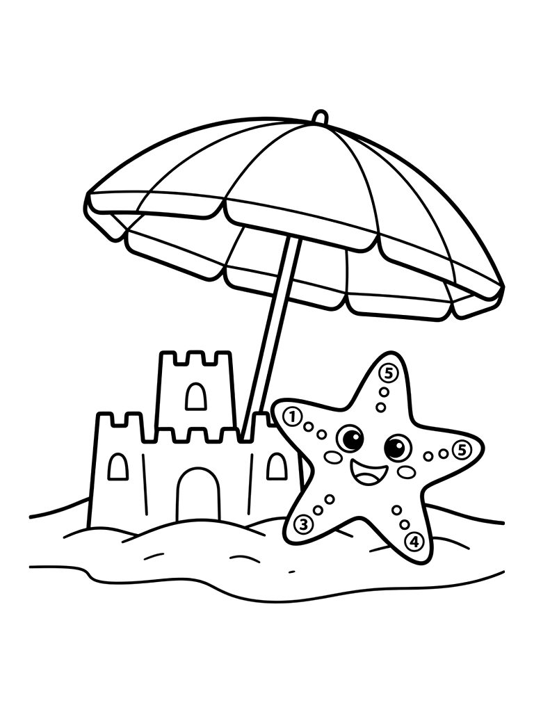 Color By Number Festive Summer Beach Scene With A Striped Beach Umbrella coloring page — free printable for kids and adults