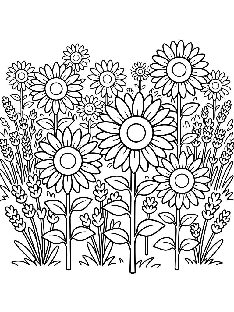 Color By Number Field Of Tall Sunflowers And Purple Lavender Rows Coloring Page — free printable for kids and adults