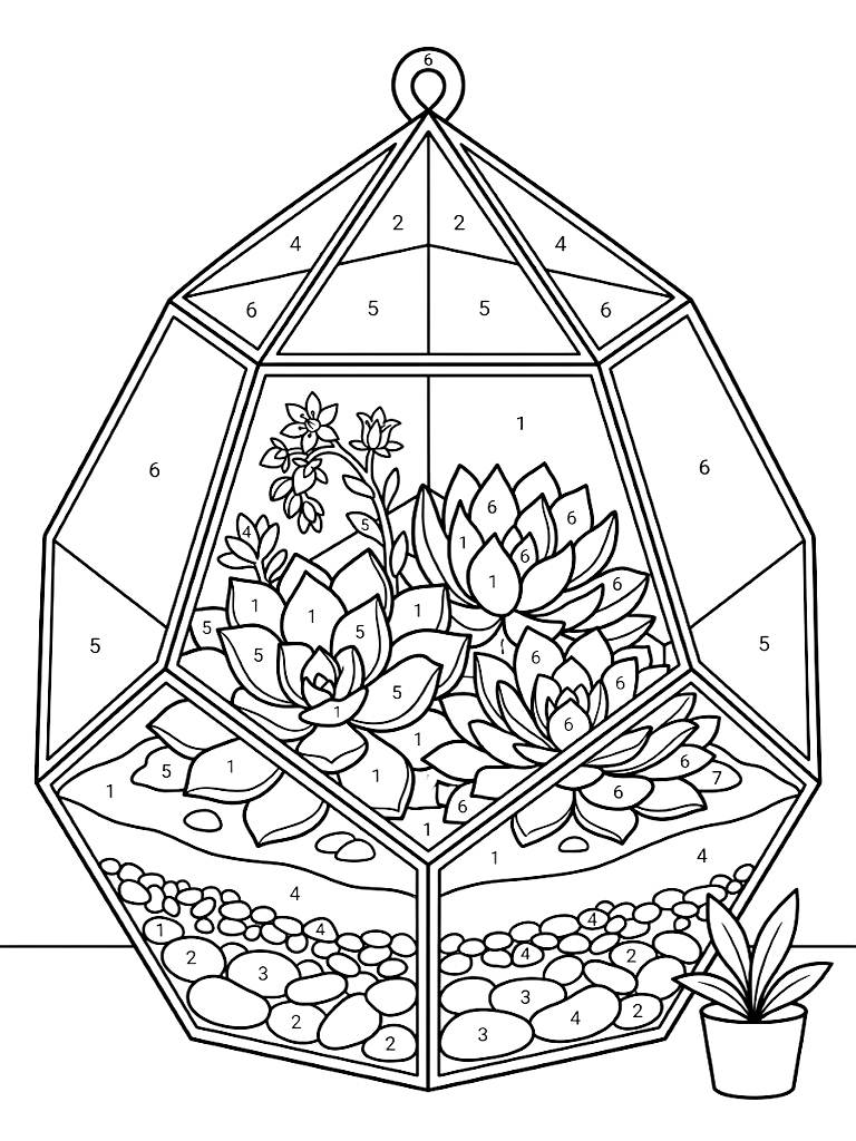 Color By Number Geometric Glass Terrarium Filled With Layered Sand Smooth Rocks And Blooming Echeveria Succulents coloring page — free printable for kids and adults