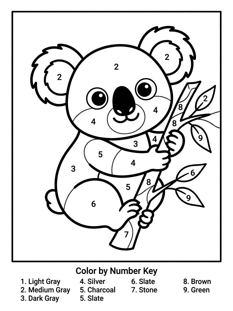 Color By Number Geometric Koala Hugging A Eucalyptus Branch With Numbered Segments For Different Shades Of Gray Coloring Page