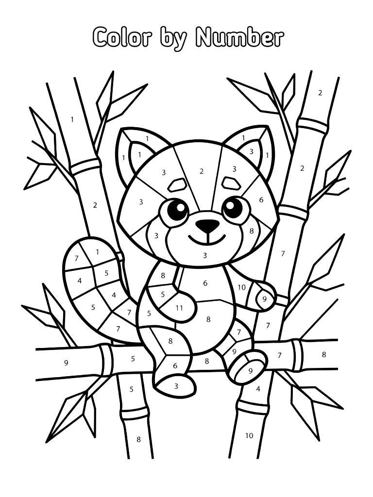 Color By Number Geometric Red Panda Sitting In A Bamboo Tree With Numbered Segments Coloring Page