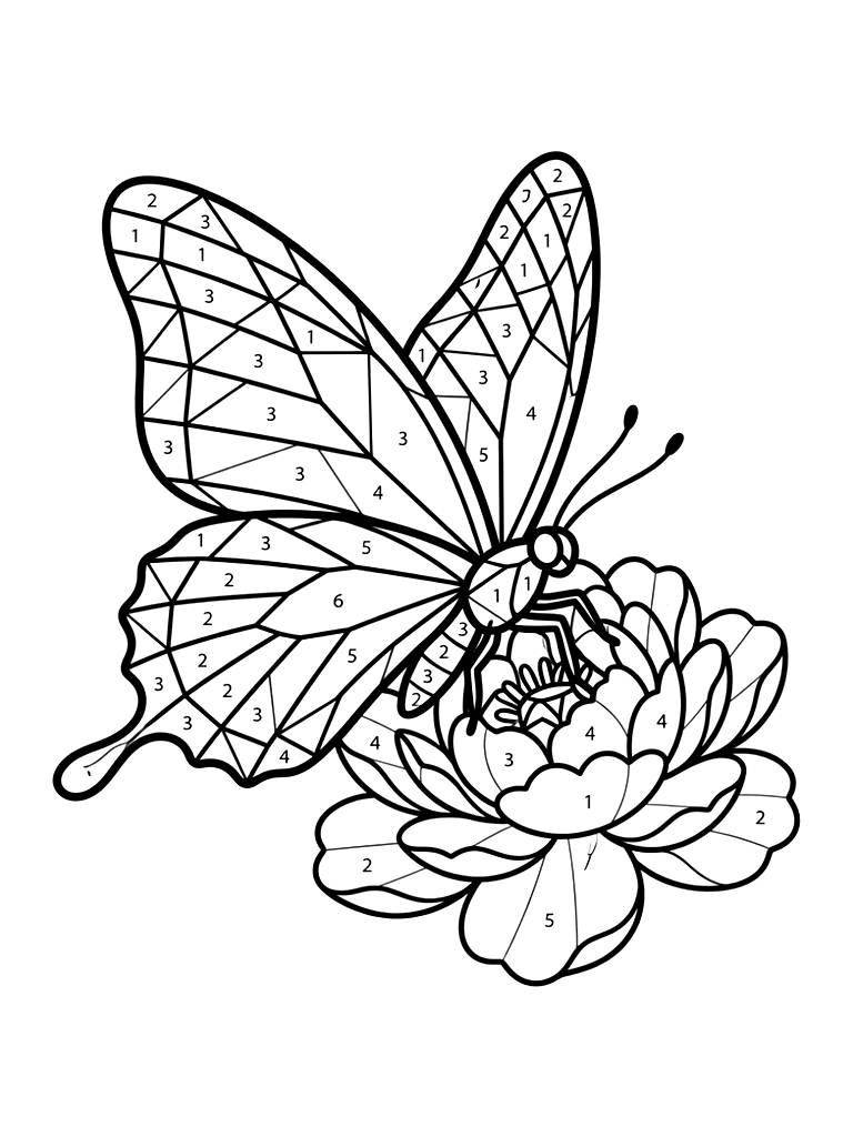 Color By Number Geometric Stained-glass Style Butterfly Resting On A Blooming Pink Peony Flower With Numbered Color Codes coloring page — free printable for kids and adults