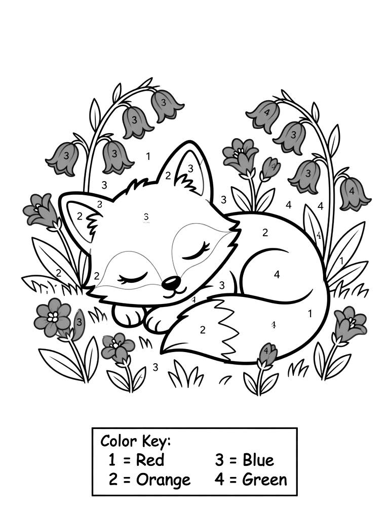 Color By Number Illustration Of A Cute Baby Red Fox Napping In A Field Of Wild Bluebell Flowers With Numbered Color Key Segments coloring page — free printable for kids and adults