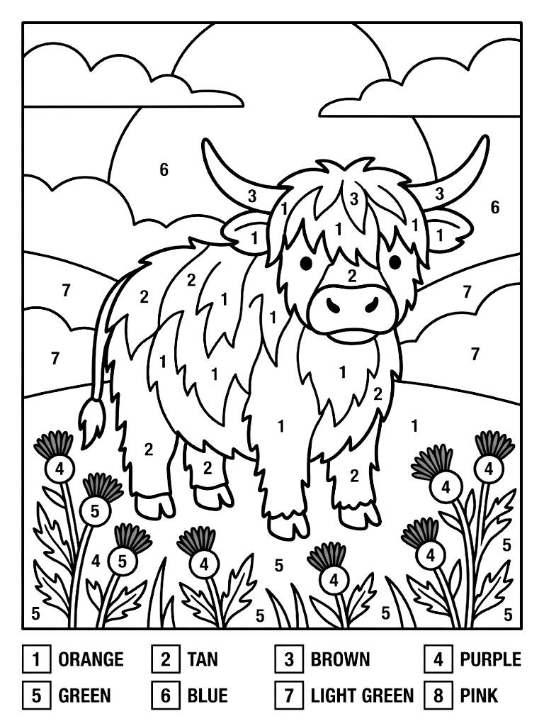 Color By Number Illustration Of A Fluffy Highland Cow Standing In A Field Of Blooming Purple Thistles With Numbered Color Key Segments coloring page — free printable for kids and adults