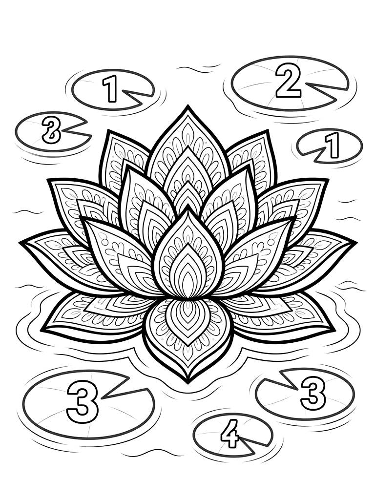 Color By Number Intricate Mandala-style Lotus Flower Floating On Water With Numbered Lily Pads Coloring Page