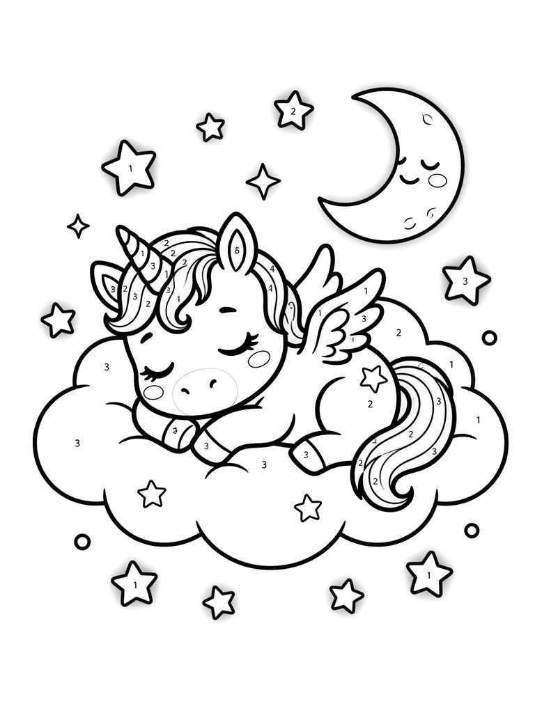 Color By Number Magical Baby Unicorn Sleeping On A Soft Fluffy Cloud Surrounded By Glowing Stars And A Crescent Moon With Numbered Guides coloring page — free printable for kids and adults