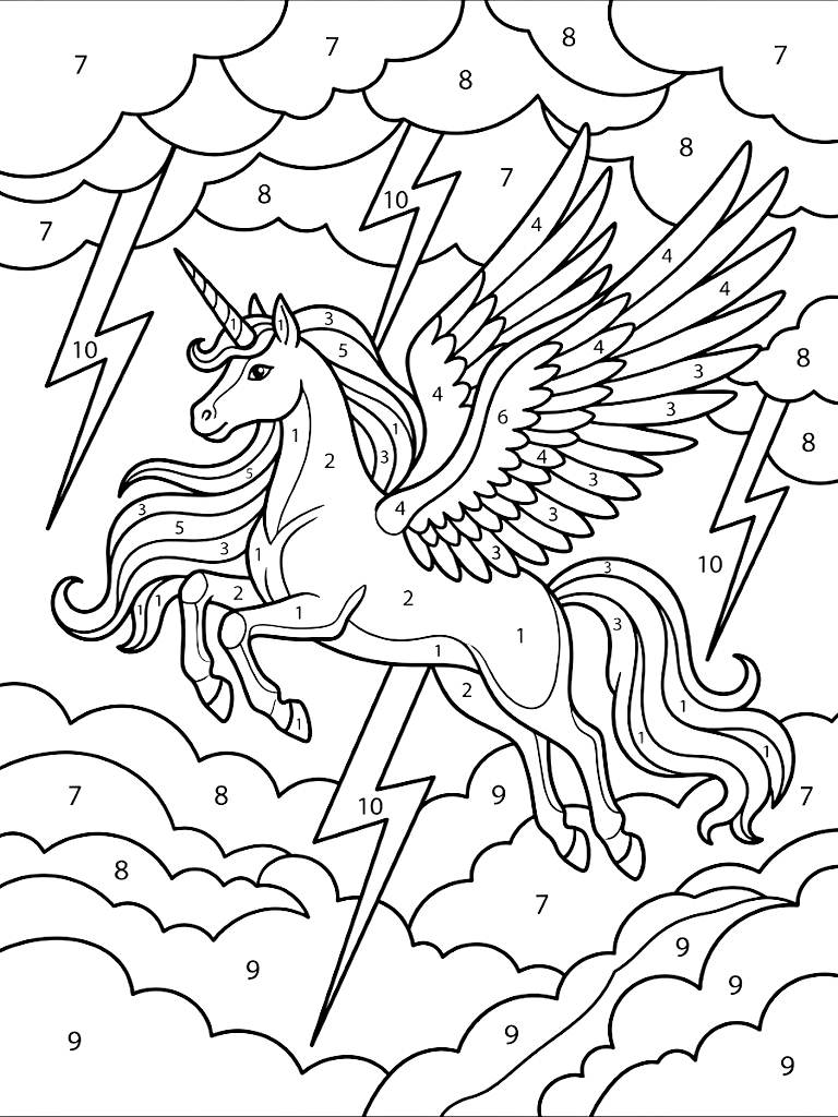 Color By Number Majestic Winged Alicorn Flying Through A Stormy Sky With Lightning Bolts And Numbered Dramatic Shading coloring page — free printable for kids and adults