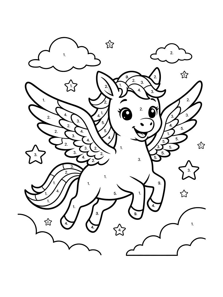 Color By Number Pegasus Flying Through Pastel Clouds And Stars Coloring Page — free printable for kids and adults