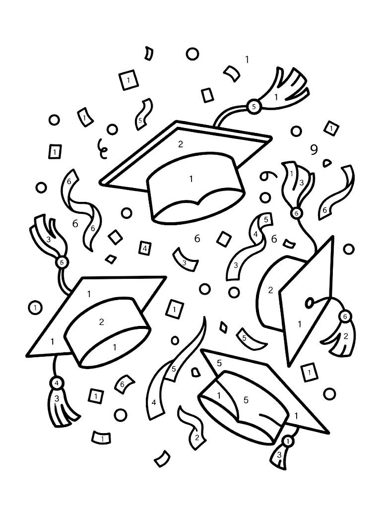 Color By Number Scene Of A Celebratory Graduation Cap Tossed In The Air With Floating Confetti And Numbered Sections coloring page — free printable for kids and adults