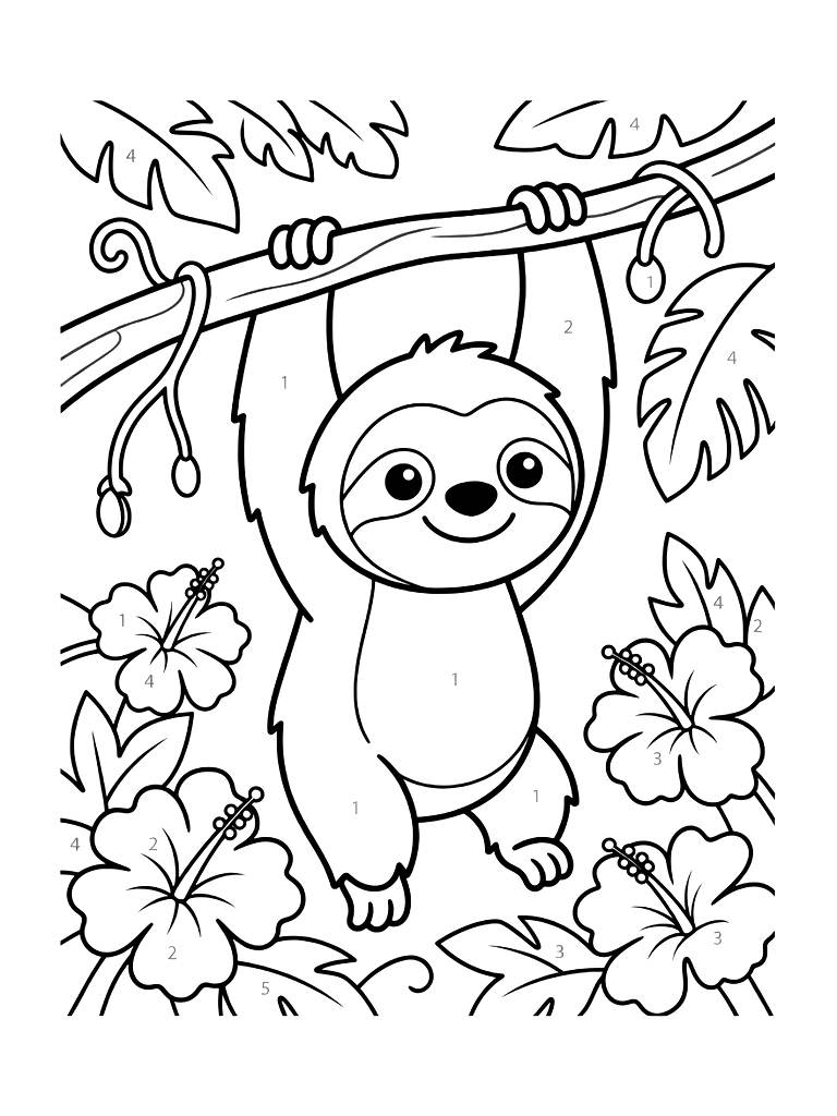 Color By Number Scene Of A Smiling Sloth Hanging From A Tropical Branch Surrounded By Hibiscus Flowers Coloring Page