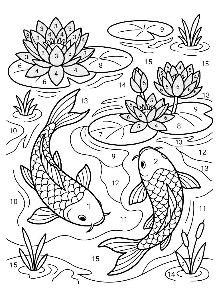 Color By Number Serene Koi Pond Scene Featuring Two Graceful Swimming Fish And Blooming Pink Water Lilies With Clearly Numbered Sections coloring page — free printable for kids and adults