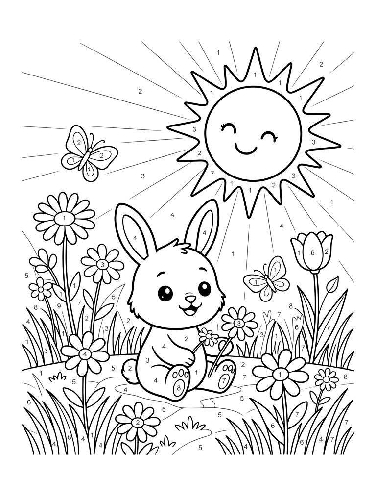 Color By Number Spring Meadow With Wildflowers And A Sun Coloring Page — free printable for kids and adults