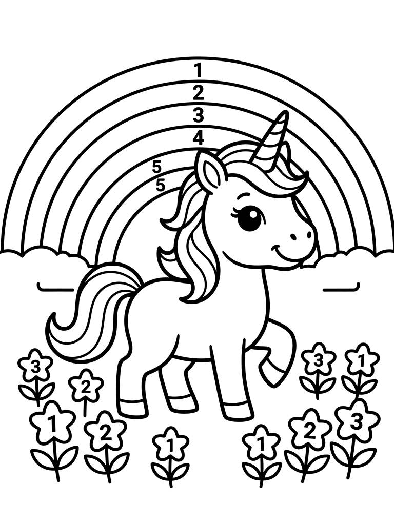 Color By Number Unicorn Standing In A Field Of Star-shaped Flowers With A Numbered Rainbow In The Background Coloring Page