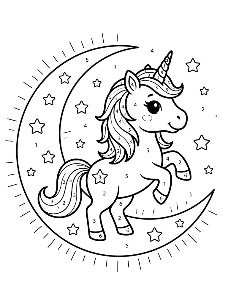 Color By Number Unicorn Standing On A Glowing Crescent Moon With Stars Coloring Page — free printable for kids and adults