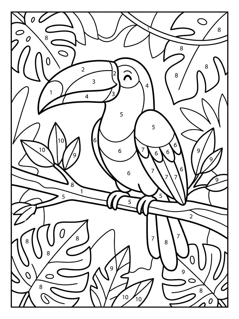 Color By Number Vibrant Toucan Perched On A Jungle Branch Surrounded By Large Split-Leaf Philodendrons With Clear Numbered Segments coloring page — free printable for kids and adults