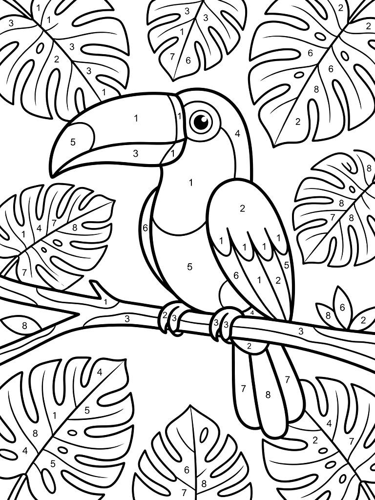 Color By Number Vibrant Toucan Perched On A Jungle Branch Surrounded By Large Split-Leaf Philodendrons With Clear Numbered Segments coloring page — free printable for kids and adults