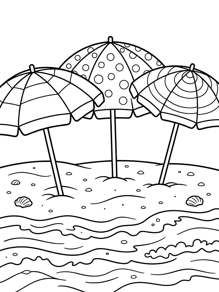 Colorful Beach Umbrellas On A Sandy Shore With Ocean Waves Coloring Page — free printable for kids and adults