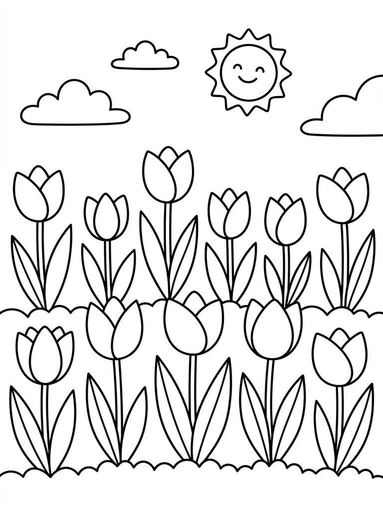 Colorful Tulip Garden Coloring Page