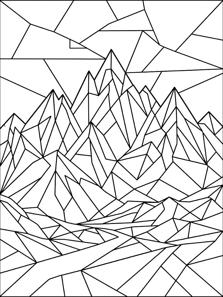 Complex Geometric Composition Of Intersecting Triangles And Polygons Forming The Shape Of A Majestic Mountain Range In A Stained-Glass Style coloring page — free printable for kids and adults