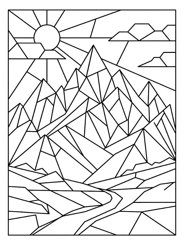 Complex Geometric Composition Of Intersecting Triangles And Polygons Forming The Shape Of A Majestic Mountain Range In A Stained-Glass Style coloring page — free printable for kids and adults