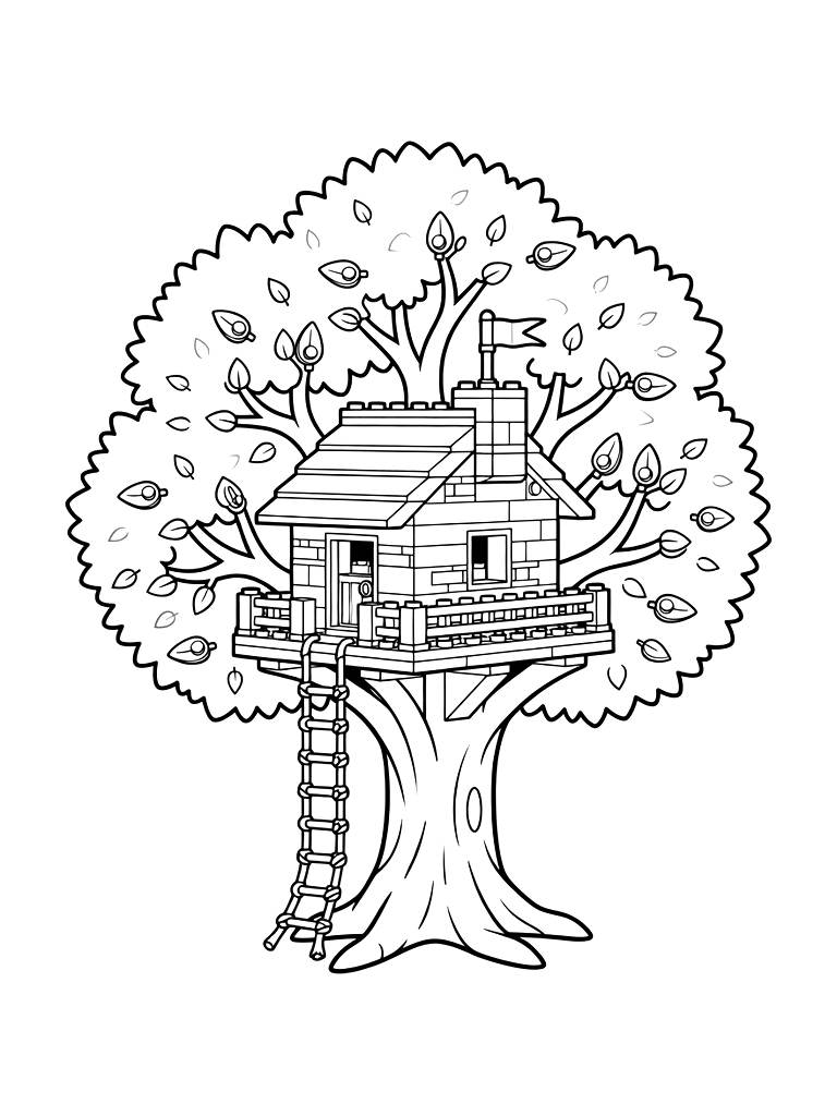 Complex Lego-style Treehouse Built In A Large Oak Tree With Tiny Plastic Leaf Pieces And A Rope Ladder Coloring Page