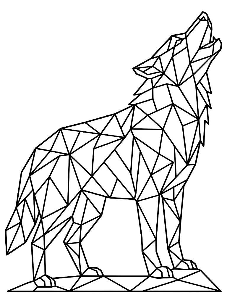 Complex Stained-Glass Style Composition Of A Howling Wolf Formed Entirely By Interlocking Geometric Triangles And Sharp Polygons coloring page — free printable for kids and adults