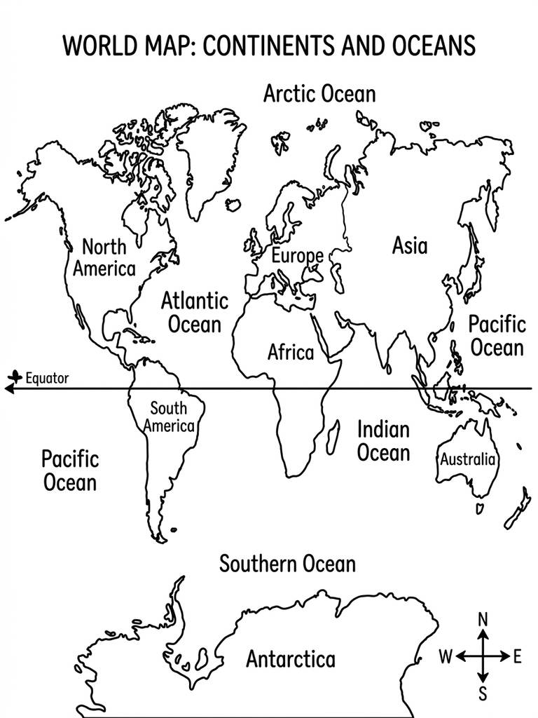 Continents And Oceans Labeling Map coloring page — free printable for kids and adults