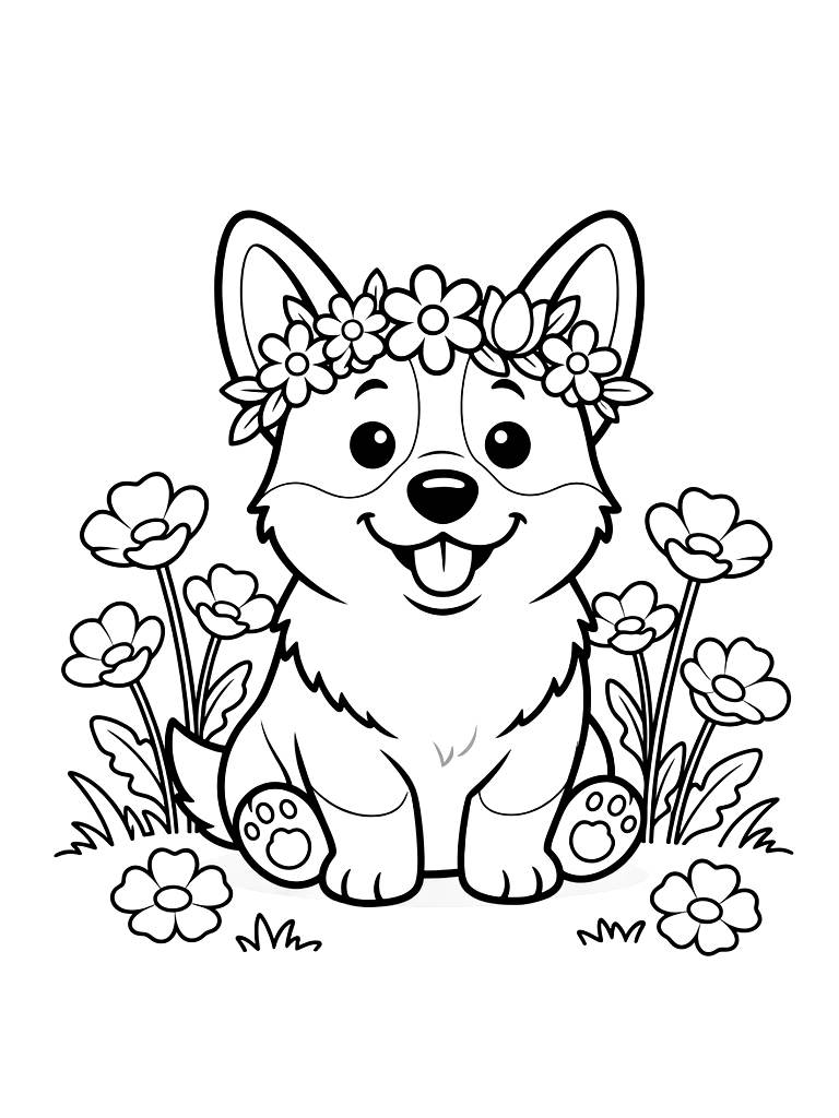 Corgi Wearing A Flower Crown Sitting In A Field Of Yellow Buttercups Coloring Page — free printable for kids and adults
