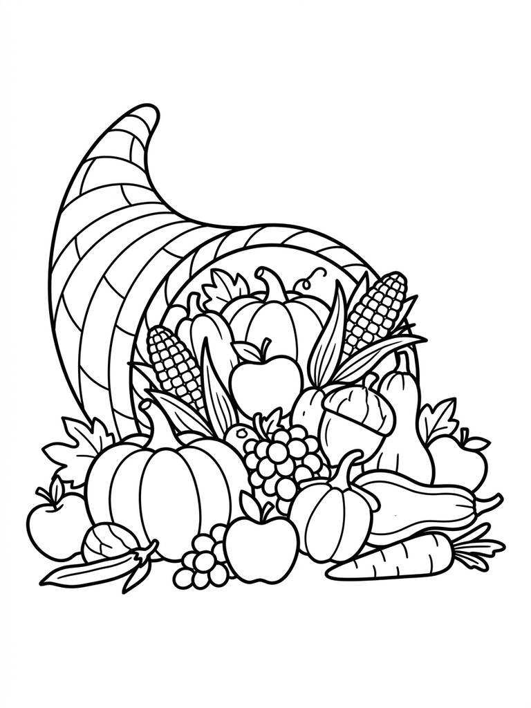 Cornucopia Overflowing With Harvest Vegetables And Fruits Coloring Page