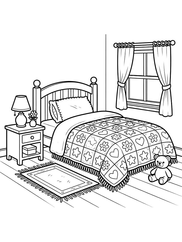 Cottage Bedroom With Quilt Coloring Page