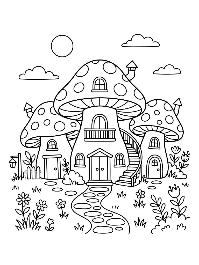 Cottagecore Fairy Mushroom Houses Coloring Page