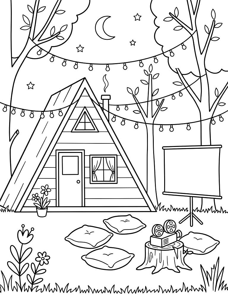 Cozy A-Frame Tiny Cabin With An Outdoor Movie Projector Screen String Lights And Floor Cushions On A Spring Evening coloring page — free printable for kids and adults