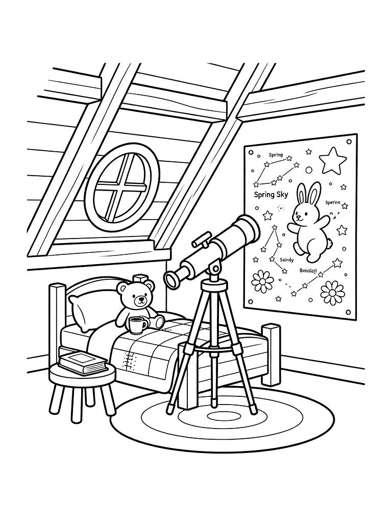 Cozy Attic Bedroom In A Timber Cottage With A Telescope Pointing At A Spring Star Map Coloring Page — free printable for kids and adults