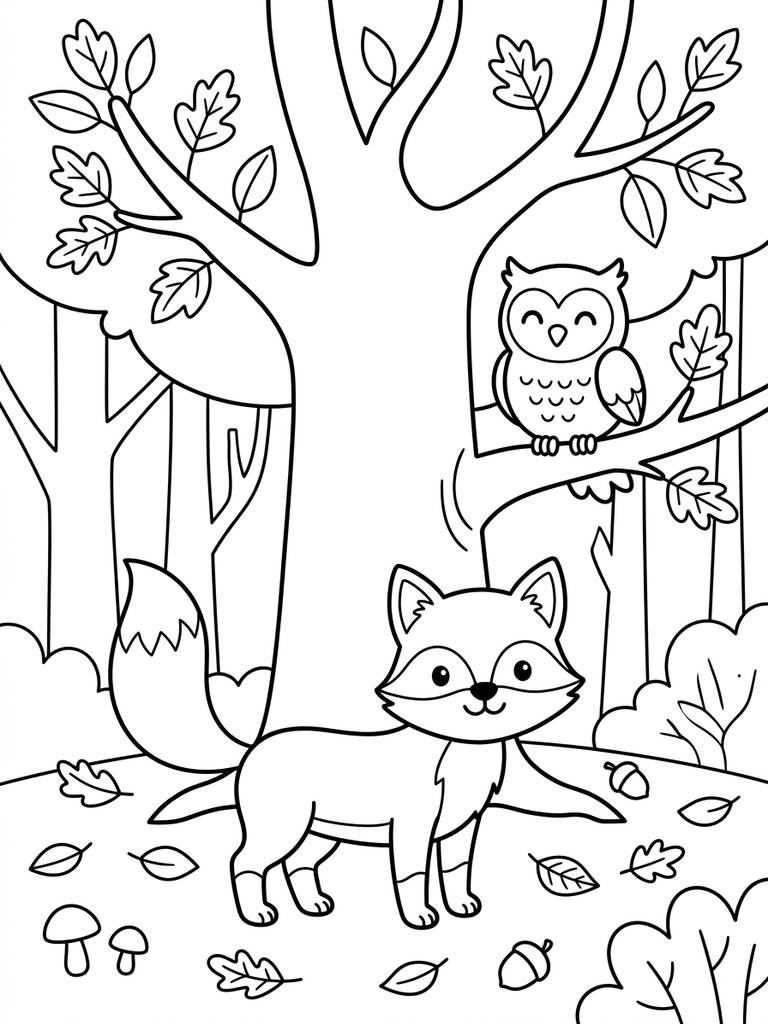 Cozy Autumn Forest With Fox And Owl Coloring Page