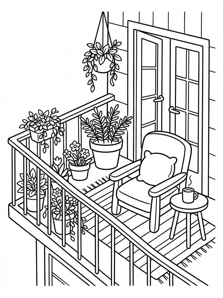 Cozy Balcony With Chair And Greenery Coloring Page