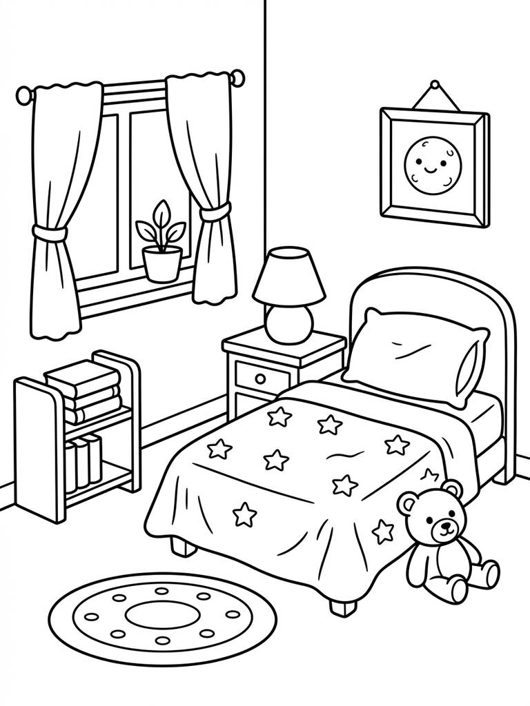Cozy Bedroom With Soft Bed And Lamp Coloring Page