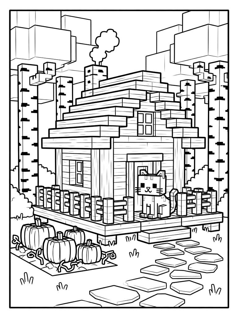 Cozy Blocky Minecraft Cottage Built In A Birch Forest With A Small Pumpkin Patch coloring page — free printable for kids and adults