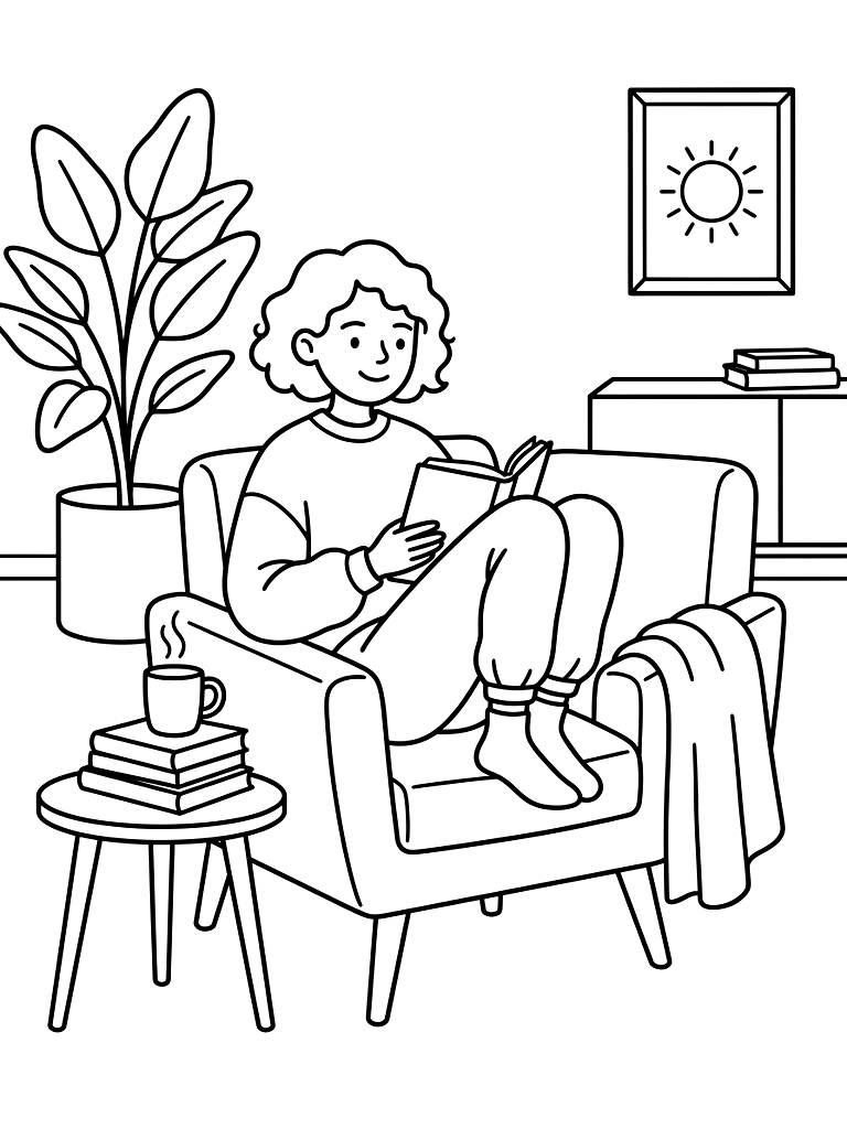 Cozy 'Bold And Easy' Minimalist Lifestyle Scenes coloring page — free printable for kids and adults