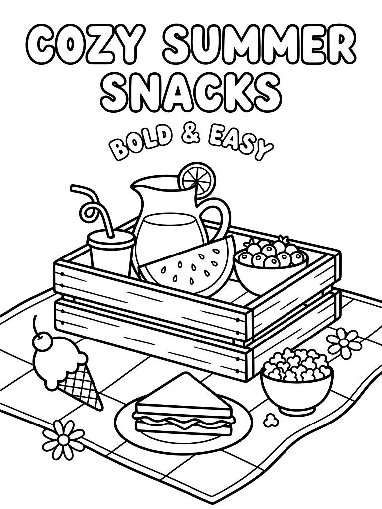 Cozy 'Bold & Easy' Summer Snacks coloring page — free printable for kids and adults